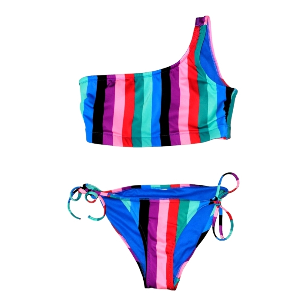 Old Navy Rainbow Striped One Shoulder Bikini Set Small
